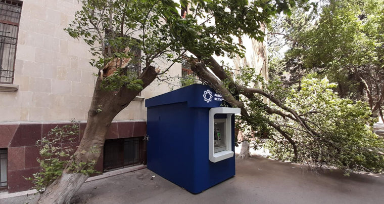 Сильный ветер в Баку повалил дерево на банкомат — ФОТО